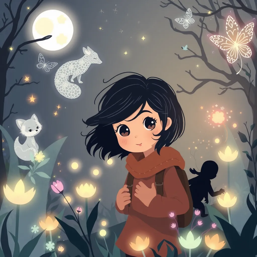 Página 1:
Luna vivía en un bosque donde las cosas mágicas solo podían verse con el corazón.
Una noche, bajo la luz de una estrella fugaz, escuchó un susurro:
—¡Ven, Luna! ¡Necesitamos tu ayuda!

Página 2:
Siguió el sonido y conoció a Zorbaluz, un zorro que solo podía ser visto cuando uno decía la verdad.
—El Bosque Invisible está perdiendo su magia —le dijo—. Los niños han dejado de imaginar.

Página 3:
Zorbaluz llevó a Luna a conocer a Nimbo, un dragón suave como una nube.
—Solo quienes se atreven a soñar despiertos pueden montarme —rugió dulcemente.
Luna subió sin miedo y volaron entre las estrellas.

Página 4:
Allí conocieron a Brilli, una mariposa invisible.
—Mi luz se apaga cuando alguien se burla de otro por ser diferente —dijo triste.

Página 5:
De pronto, el cielo se oscureció. Una sombra cubría todo: era La Sombra Triste.
—¡Los niños ya no creen en lo invisible! ¡No sueñan, no juegan, no imaginan! —gritó con voz de trueno.

Página 6:
Luna miró a sus nuevos amigos y dijo:
—¡Sí creemos! ¡Sí soñamos! ¡Y compartiremos esa magia!

Página 7:
Zorbaluz brilló con la verdad, Nimbo formó un arcoíris, y Brilli dejó un camino de luz.
La Sombra Triste empezó a encogerse… hasta que desapareció en un suspiro de viento.

Página 8:
Desde ese día, Luna enseñó a otros niños a imaginar, a creer en lo invisible, y a respetar lo que no se puede ver con los ojos.

Reading Level: Intermediate (Ages 7-12)
Book Length: 10 pages

Characters:
Luna: Niña curiosa y valiente 
Zorbaluz: Un zorro transparente que brilla con la luna
Nimbo: Un dragón hecho de nubes
Brilli: Una mariposa invisible que deja rastros de estrellas
La sombra triste : Un ser oscuro que roba los colores del bosque cuando los niños dejan de soñar