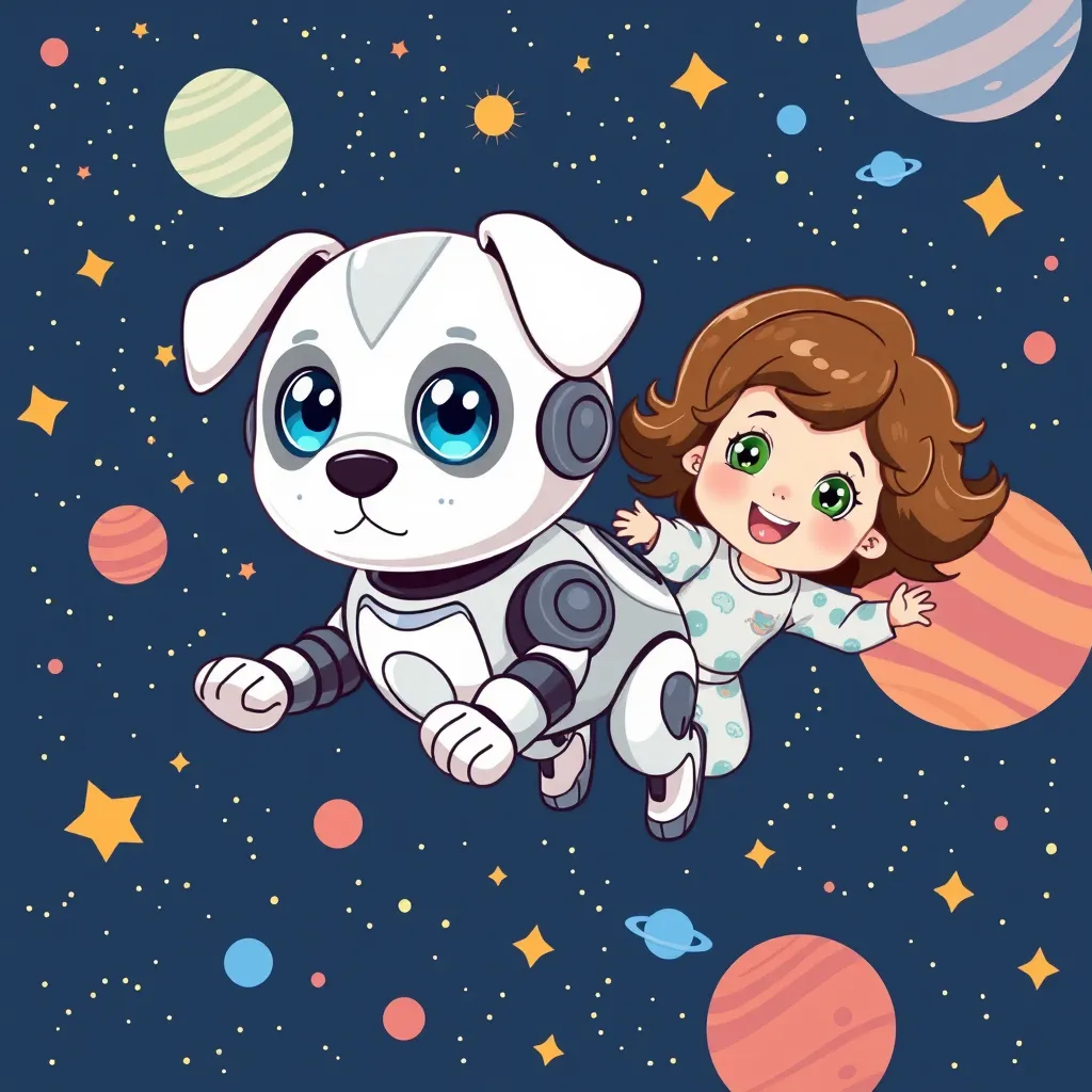 It's about a friendly cut puppy robot that likes to learn and copy her owner. Her owner is a little kid that loves space, always have a projector displaying planets on the her room ceiling. 
One day she decides to build a spaceship and go to an imaginary space travel with her robot dog. They had an amazing trip and at the end she learned that how large the universe is and how much she needs to learn. Her dream is to be an astronaut one day. 

Reading Level: Beginner (Ages 0-6)
Book Length: 6 pages