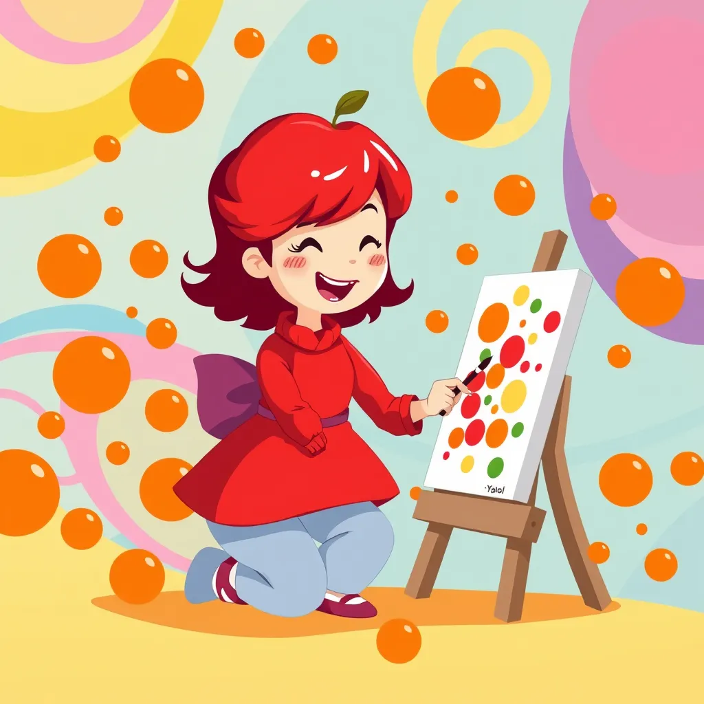 Yayoi y los lunares de colores" 
 
Había una vez una niña llamada Mara, 
que amaba los colores, los puntos y los lunares. 
Tenía un cuaderno lleno de círculos: 
grandes, pequeños, rojos, amarillos, 
verdes y hasta violetas con brillitos.
Un día, mientras dibujaba en su habitación, 
un lunar anaranjado saltó del papel y le dijo:
 — ¡Hola Mara! ¡Soy un lunar viajero! 
¿Quieres venir a mi mundo?
Mara, sin pensarlo, dijo:
 — ¡Sí, quiero!
De pronto, ¡todo se llenó de lunares! 
Las paredes, el suelo, las nubes y hasta el sol 
tenían puntos de colores.
 Era un mundo lleno de magia, el mundo de Yayoi 
una artista que pintaba todo con mucha
 imaginación y nunca dejaba de soñar.
Yayoi apareció vestida de rojo con su pelo brillante
 como una manzana y le dijo a Mara:
 — Aquí los lunares son alegría.
 ¡Cada uno tiene un color y un sueño!
Mara dibujó un árbol con lunares, 
una flor que bailaba y un pez con alas.
 — ¡Esto es arte! dijo Yayoi sonriendo
 El arte está en lo que sientes, 
en lo que imaginas y en lo que compartes.
Cuando Mara regresó a casa, 
su cuaderno estaba lleno de nuevos lunares... 
y también su corazón.
Desde ese día, cada vez que pinta un punto, 
recuerda que el arte puede estar en todo lo que vemos... 
¡y también en todo lo que soñamos!

Reading Level: Beginner (Ages 0-6)
Book Length: 6 pages
