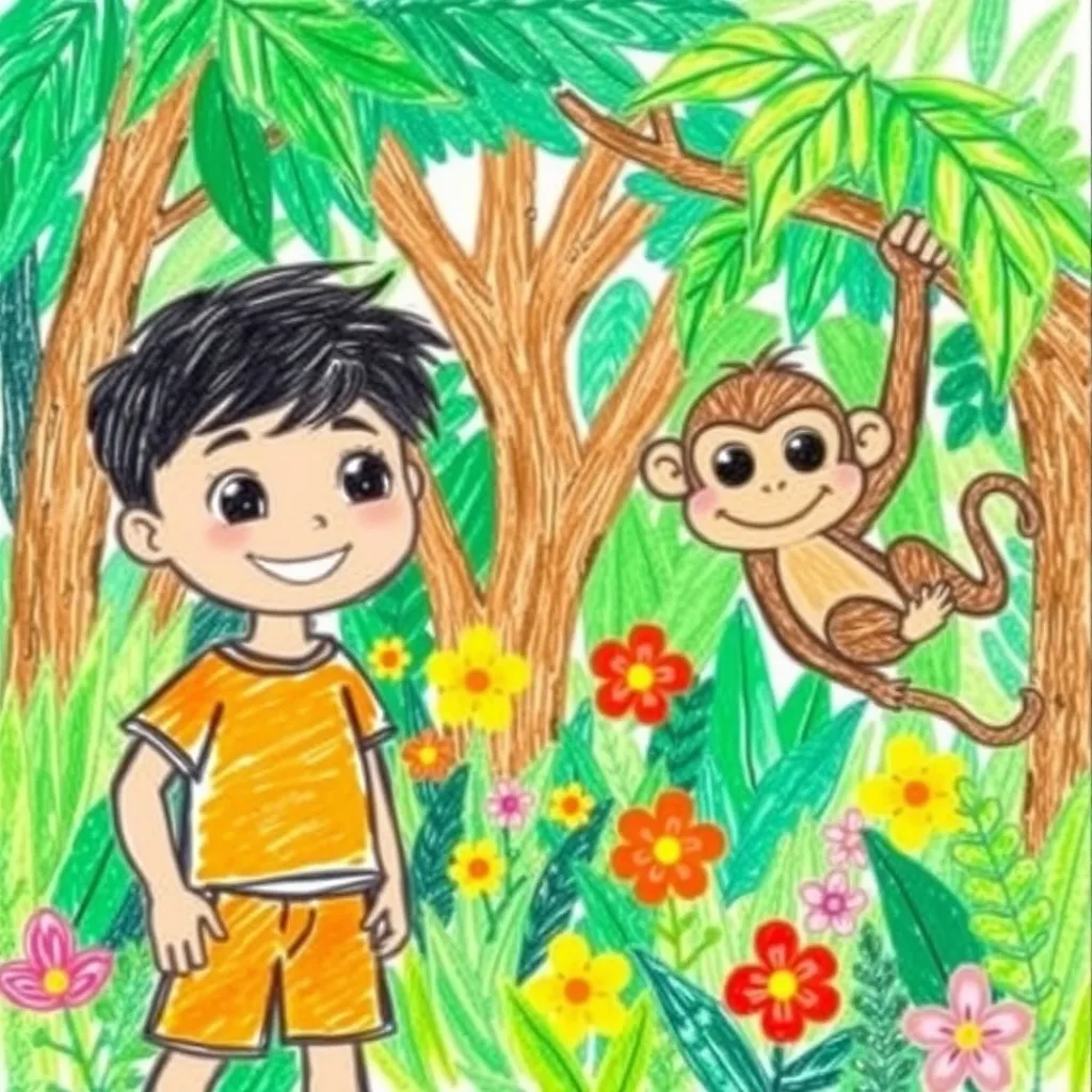 Teo, a cheerful, curious little boy from Mexico, moves to a new home in the Vietnamese jungle with his nomadic family. Everything feels strange — the food, the sounds, the smells. But just when he's feeling lonely and unsure, he discovers something incredible: a mischievous monkey lives next door!

Through playful adventures and gentle challenges, Teo learns how to feel at home anywhere — especially when he opens his heart to new friends (even the fuzzy, banana-stealing kind).



Reading Level: Intermediate (Ages 7-12)
Book Length: 10 pages

Characters:
Bella: 6 years old, thoughtful, curious, born in Thailand, loves to collect small treasures with big stories.
Teo: 4 years old playful, wild imagination, born in Mexico, always wants to sneak silly things into Bella’s backpack.
Mamá: from Argentina, loves to dance and cook empanadas, teaches Bella Spanish songs.
Daddy:  from the UK, calm, carries maps and healthy shakes wherever they go, teaches them how to say "hello" in each country.