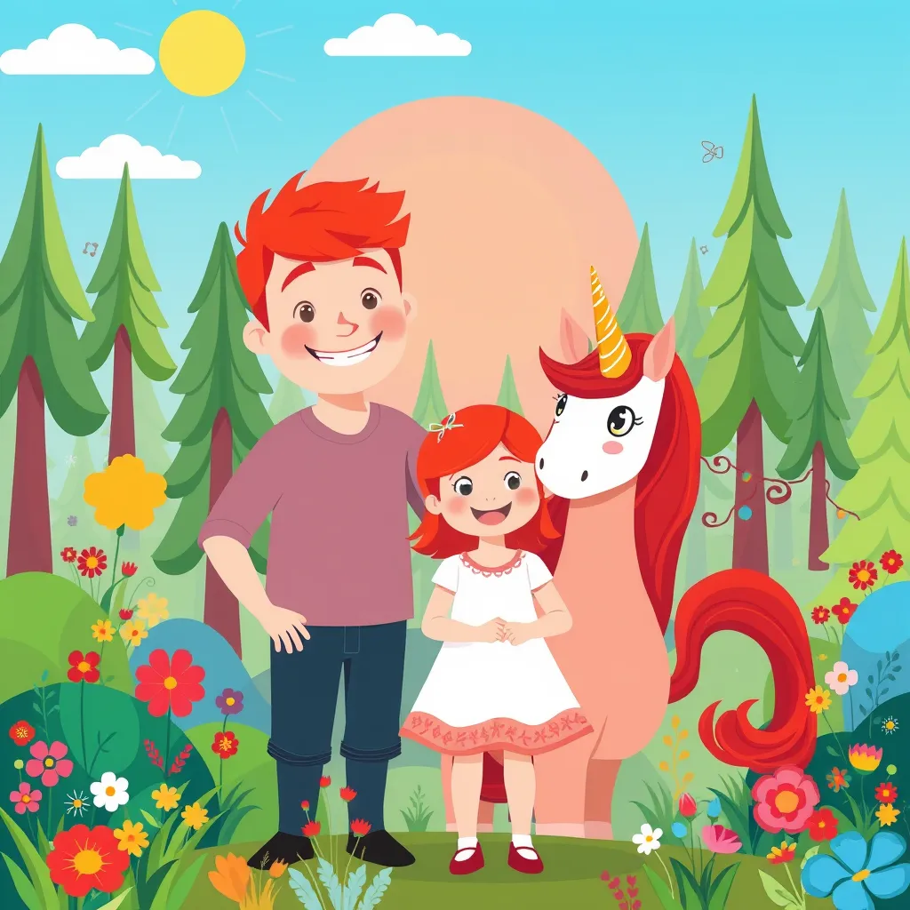 Daddy, Orimrose and puk the unicorn

Reading Level: Beginner (Ages 0-6)
Book Length: 10 pages

Characters:
Daddy: Father with red hair 
Primrose: Little girl with red hair 
PUK the unicorn: Red unicorn