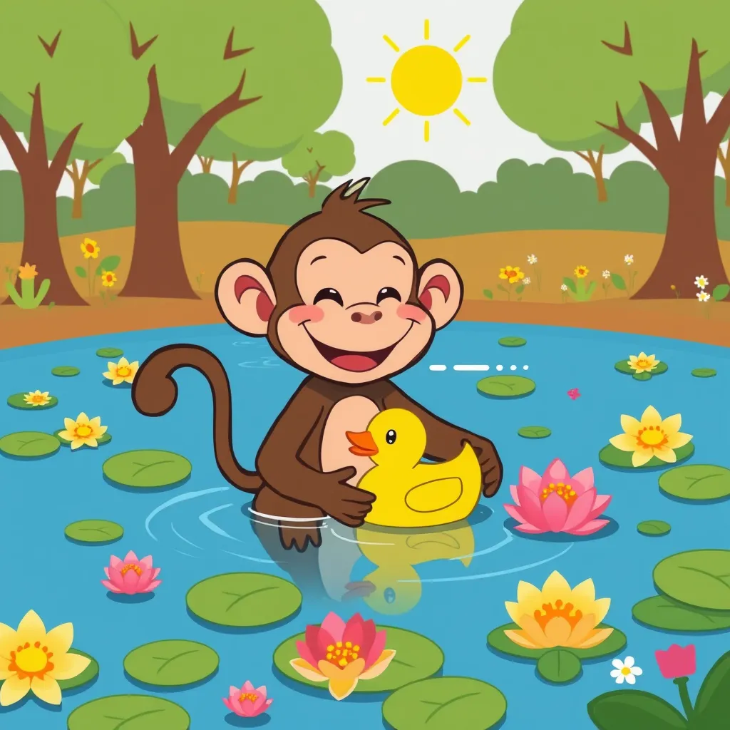 A monkey who love rubbers duck to want to buy them but unfortunately doesn’t have any money. So he goes around town after the shop keeper told he to find things to do. First he goes to the bakery and help the baker Mr bird to earn a coin then he go to park and asks the squirrel if he can gather acorn for a coin then he goes to the pond and ask penny the cat for help and the cat told her to catch a fish for her. Then he go back to the shop and buys a rubber duck and the monkey is now happy

Reading Level: Beginner (Ages 0-6)
Book Length: 10 pages

Characters:
Turtley : A shop keeper turtle 
Penny: A cat
Monty: The main character and he a monkey
Group of squirrels : These a group a of squirrels 